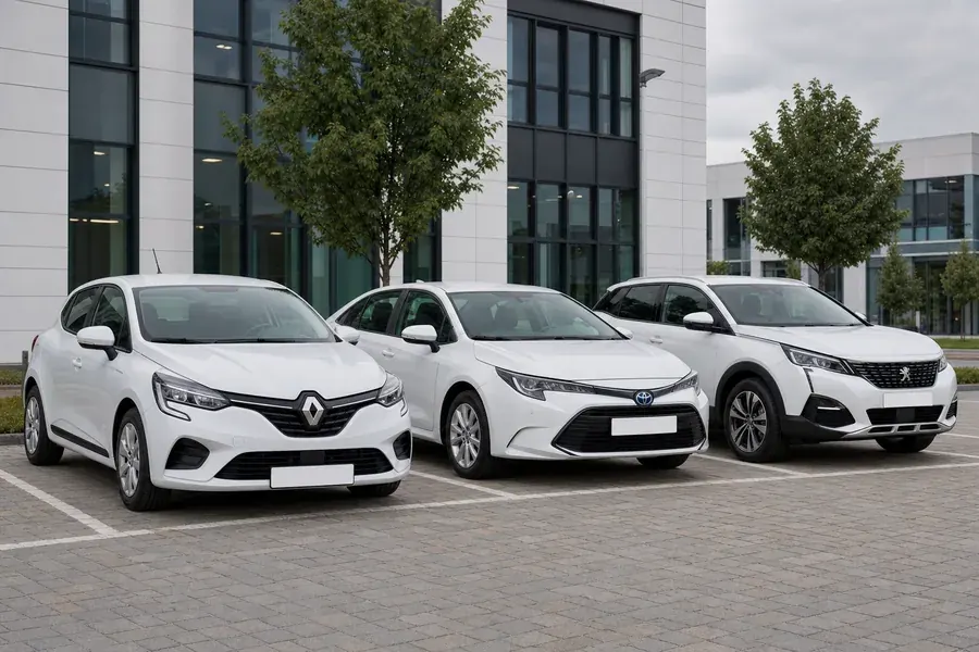 Otoparkta yan yana duran beyaz hatchback, sedan ve SUV kiralık araçlar