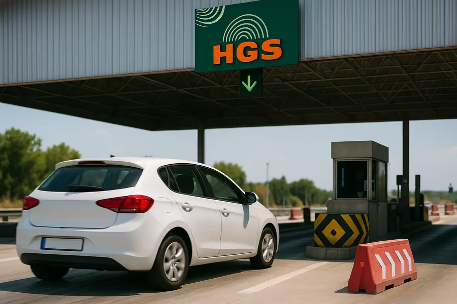 Otoyol gişesinde yeşil HGS tabelası altındaki şeritten geçen beyaz kiralık araç
