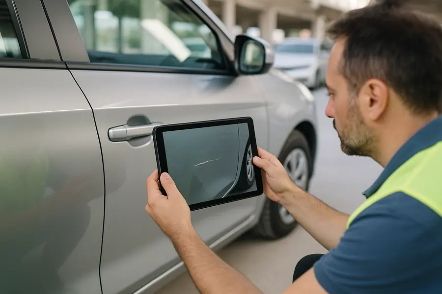 Filo kiralama iade ekspertizinde araç kapısındaki çiziği tablet ile fotoğraflayan eksper