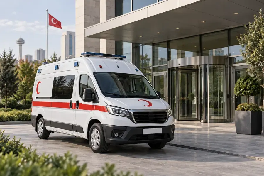 Kurumsal özel ambulans kiralama kapsamında kurum binası önündeki plakasız ambulans
