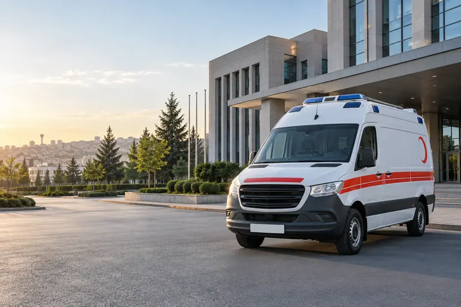 Kurumsal özel ambulans kiralama için kamu kurumu önünde hazır bekleyen plakasız ambulans aracı