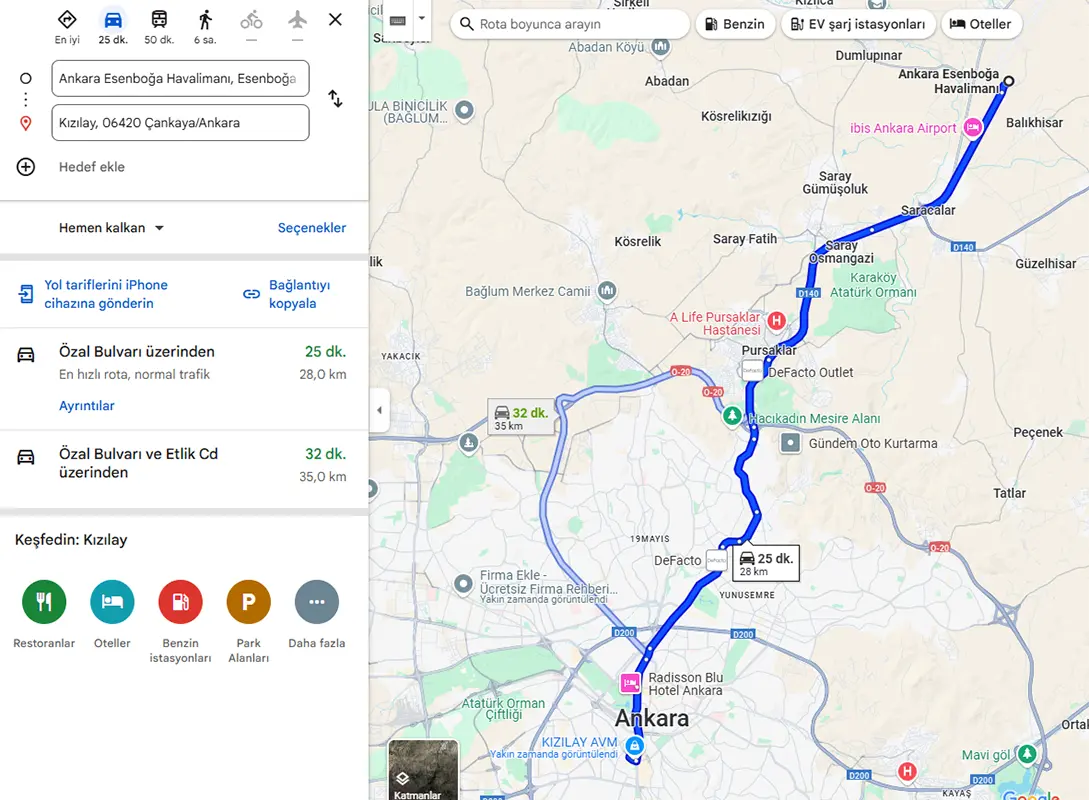 Esenboğa Havalimanı’ndan Kızılay’a Arası Mesafe