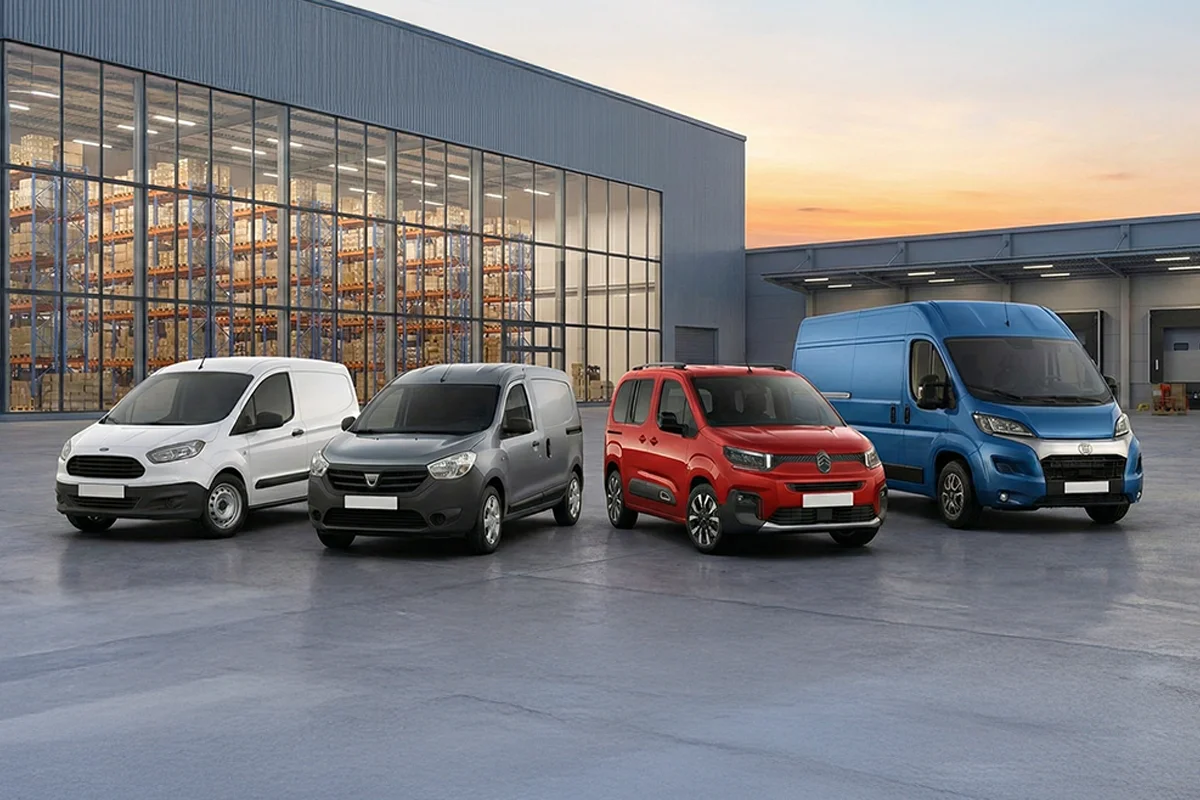 Ticari ve binek araç kiralama karşılaştırması: kurumsal araçlar ve iş merkezi önünde park halindeki araçlar