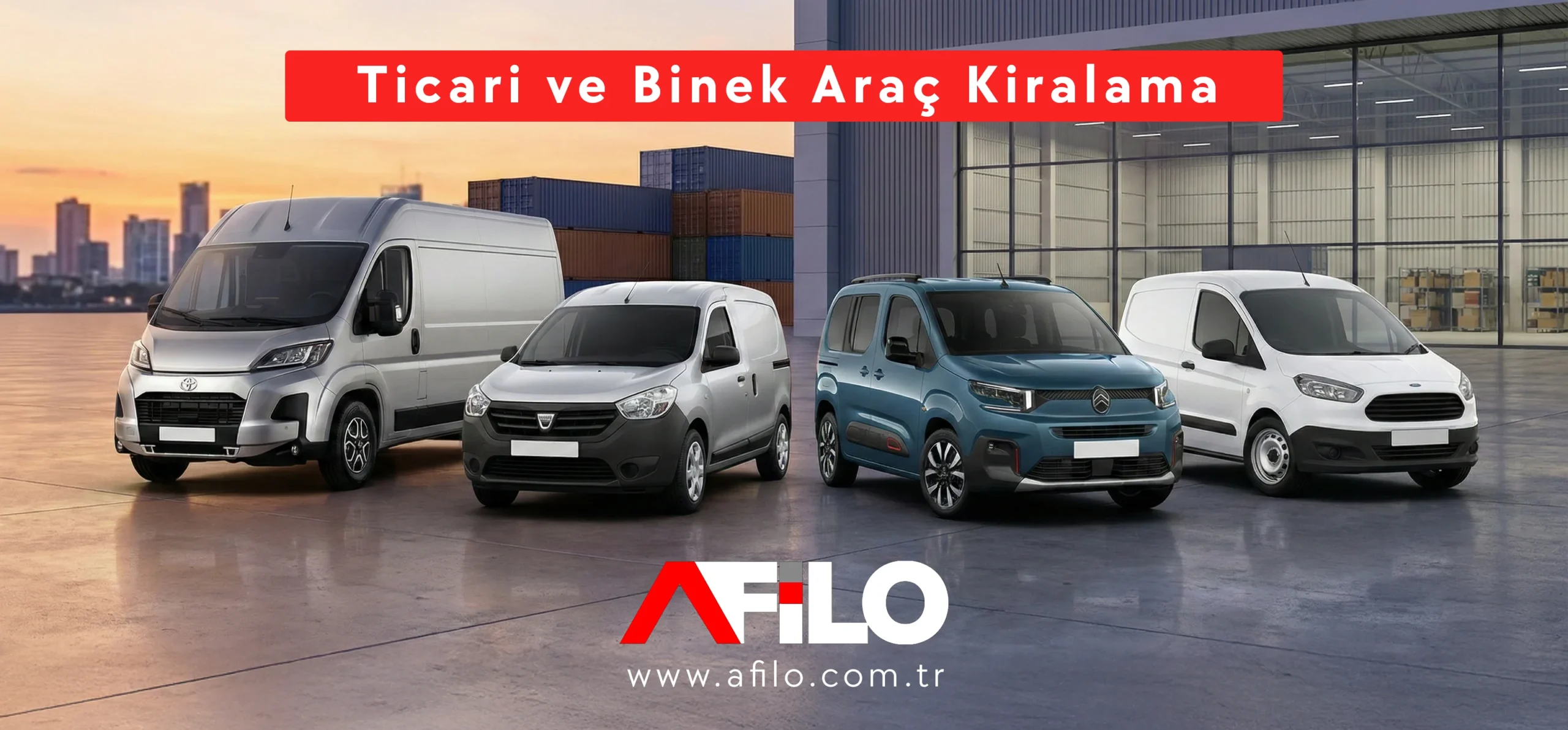 Ticari ve binek araç kiralama görseli: iş merkezi önünde kurumsal araçlar